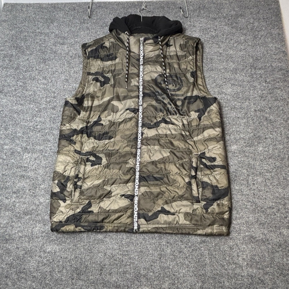 Ecko Unltd Puffer Vest Mens Large Camo Hooded Full Zip Streetwear Rhino Logo